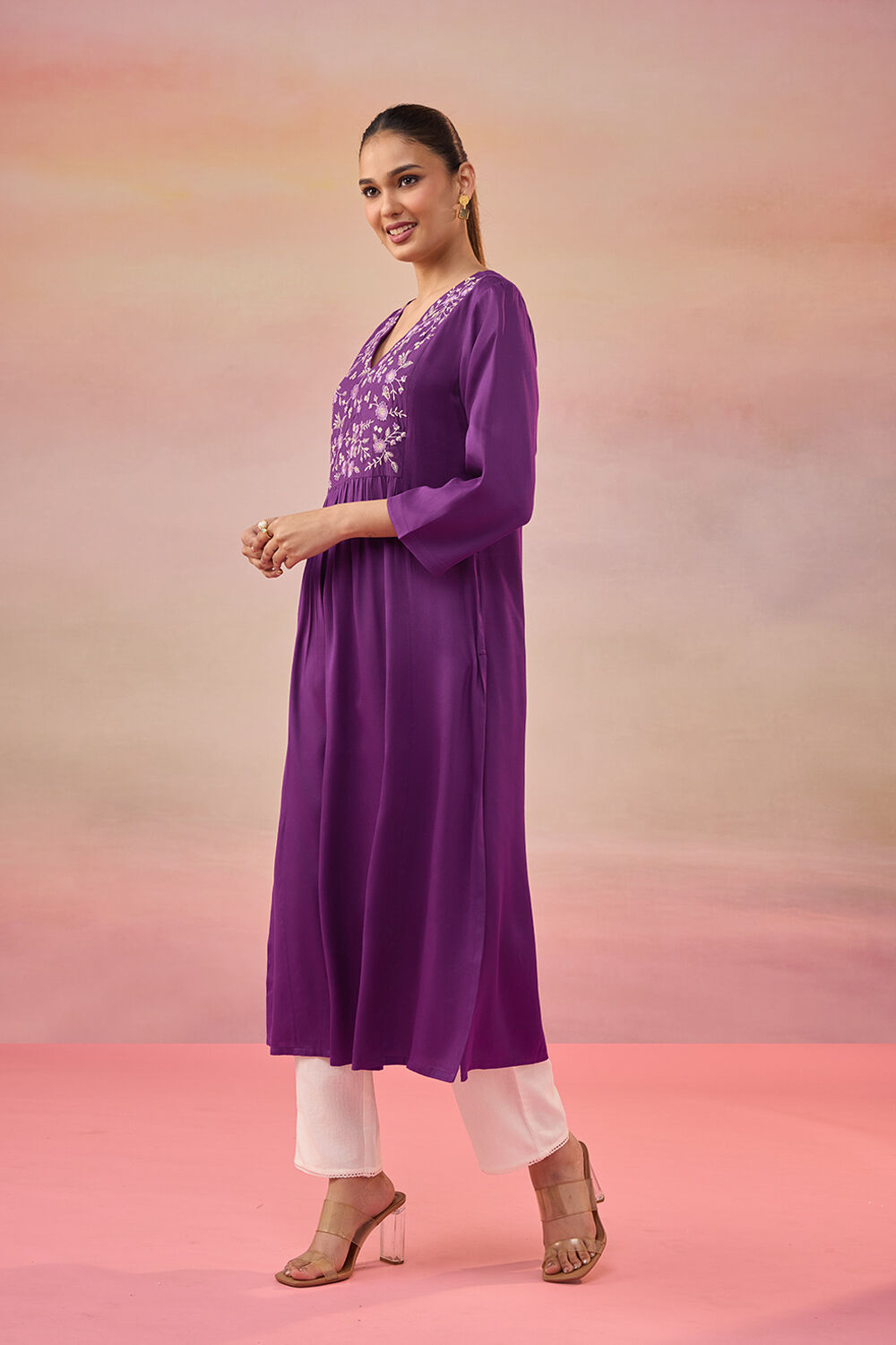 Purple Pure Viscose Embroidered Kurta image number null