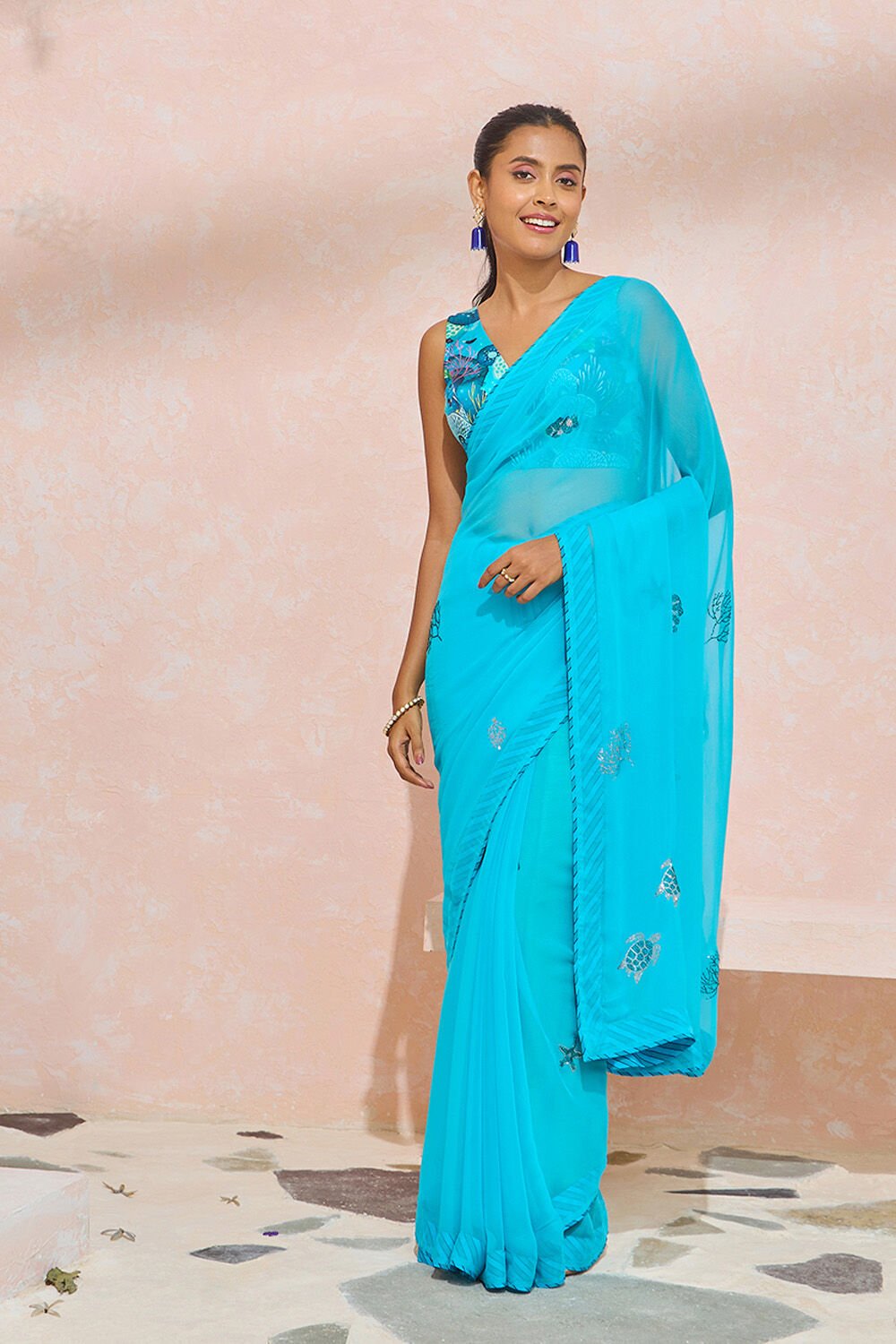 Blue Crystal Viscose Chiffon Saree image number null