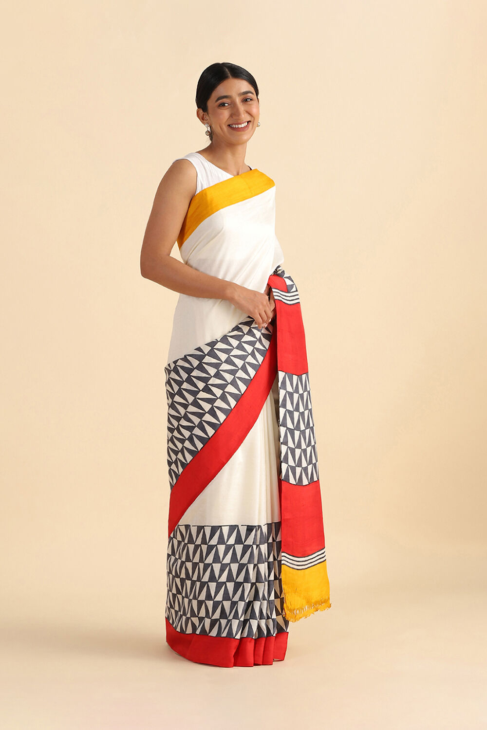 Off White Hand Blockprinted Pure Silk Saree image number null