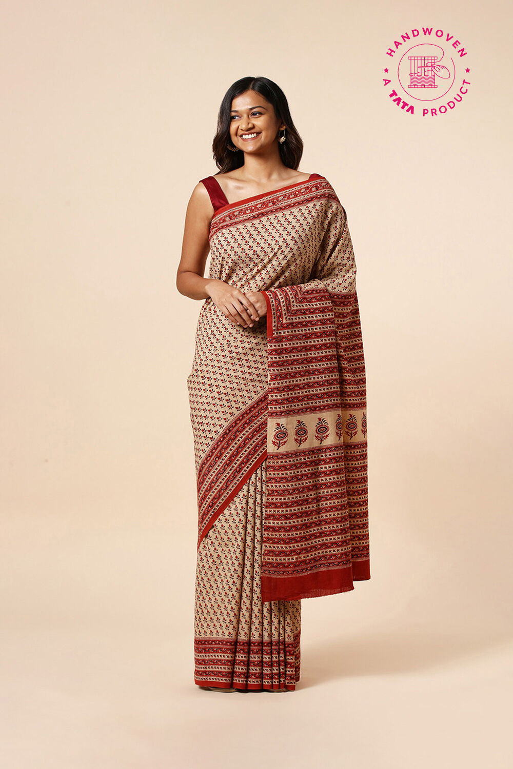 Beige Pure Khadi Cotton Bagru Printed Saree image number null
