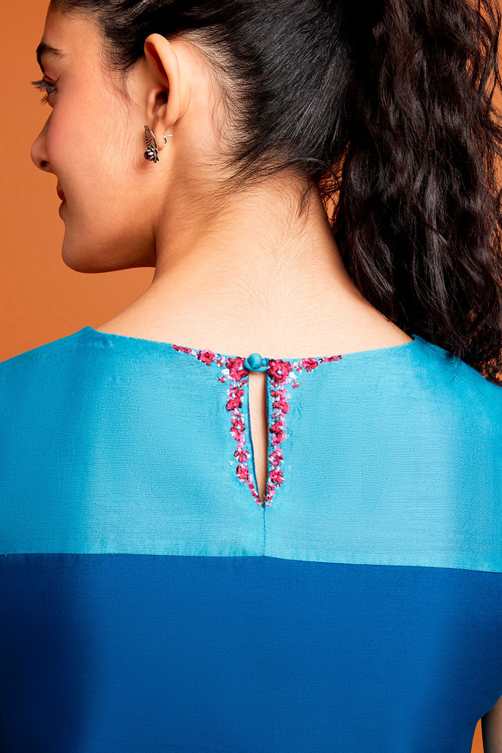 Blue Silk Cotton Hand Printed Kurta image number null