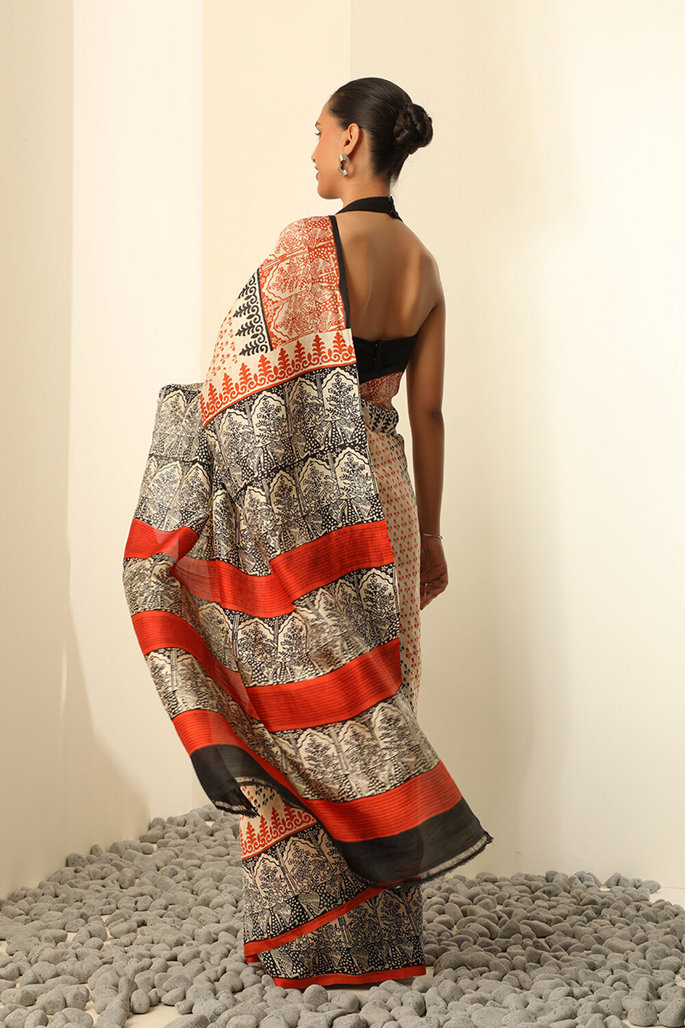 Off White Pure Silk Block Printed Saree image number null