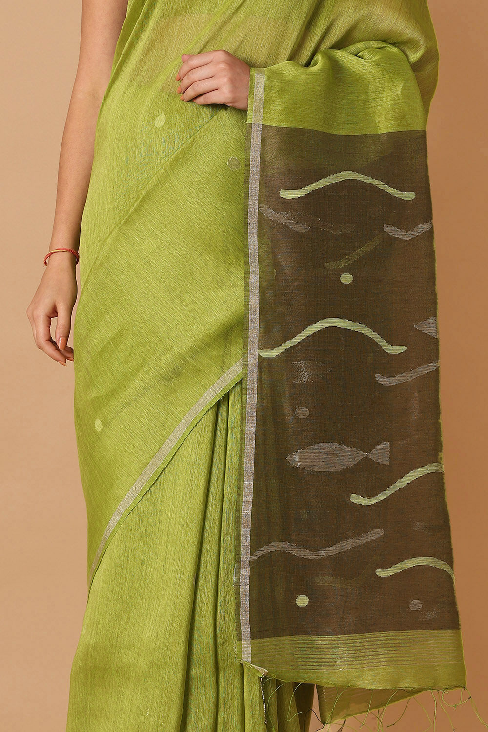 Light Green Pure Silk Linen Jamdani Saree image number null