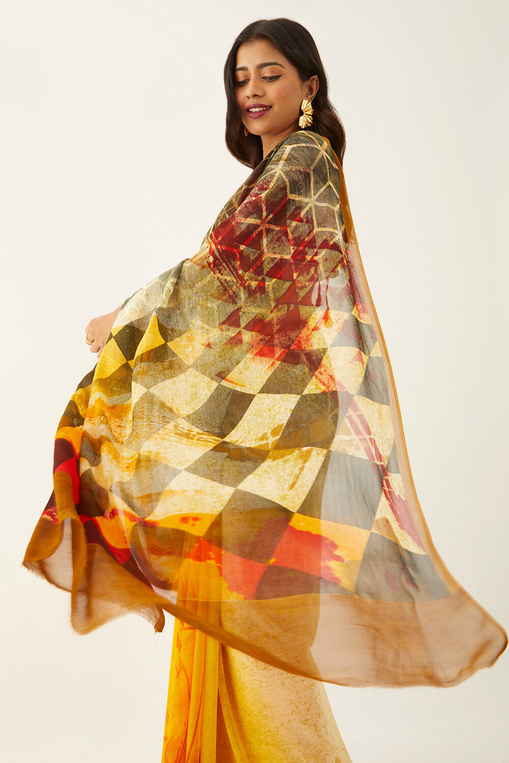 Yellow Viscose Georgette Digital Print Saree image number null