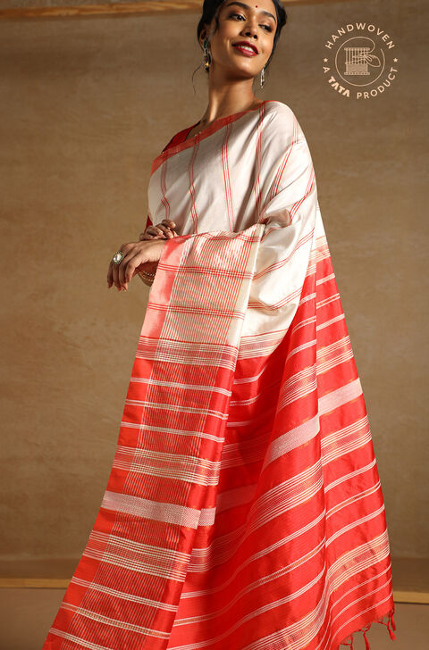 Off White Pure Silk Woven Bengali Saree