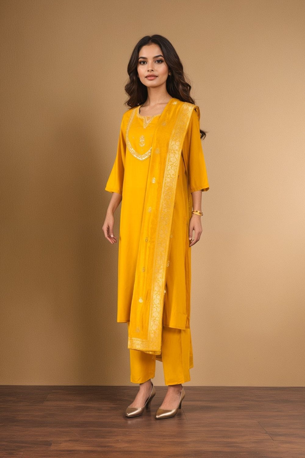 Yellow Viscose Embroidered Kurta Set image number null