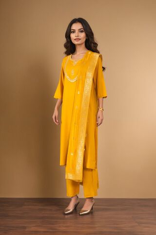 Yellow Viscose Embroidered Kurta Set thumbnail image number null