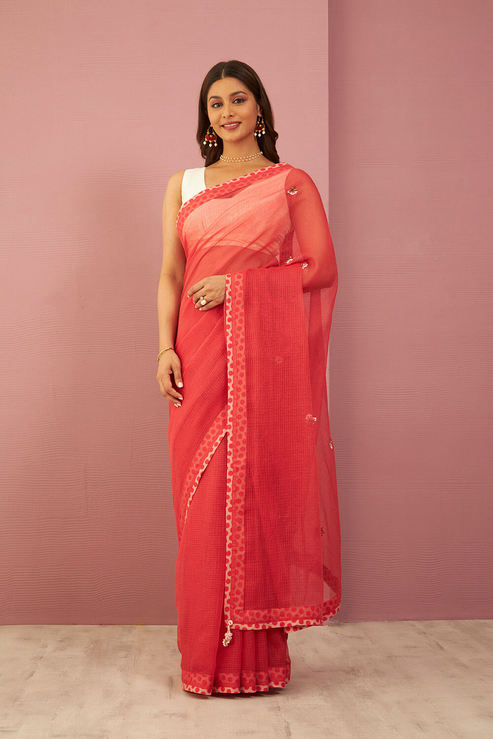Red Pure Kota Embroidered Saree image number null