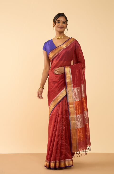 Orange Woven Pure Silk Tissue Maheshwari Saree