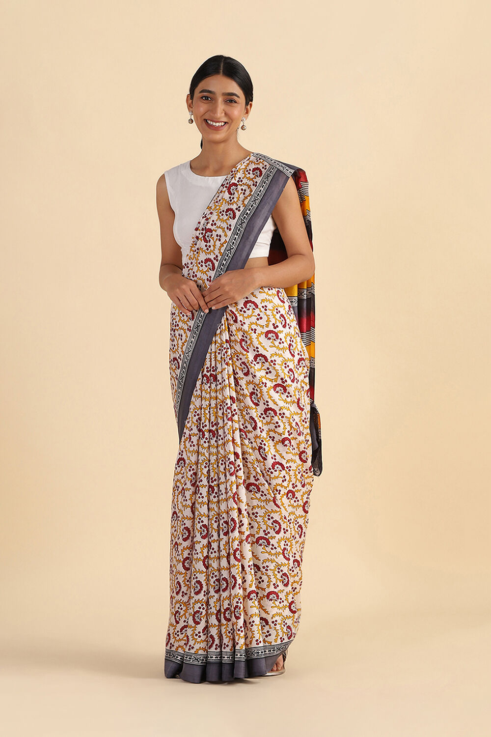 Offwhite Hand Blockprinted Pure Silk Saree image number null