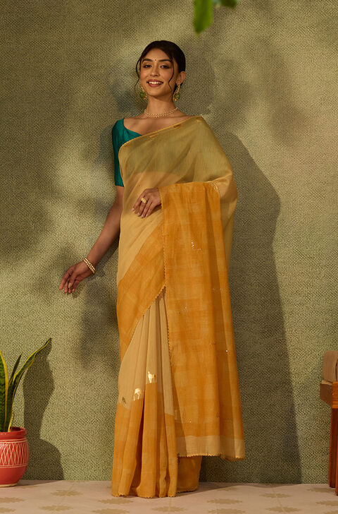 Yellow Block Printed Pure Silk Cotton Saree