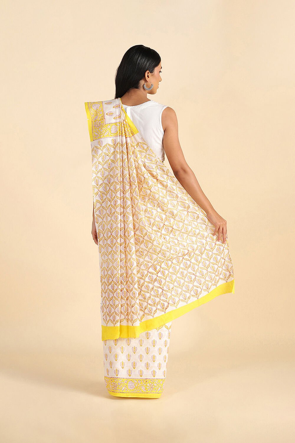 Light Yellow Pure Khadi Cotton Block Print Sanganeri Saree image number null