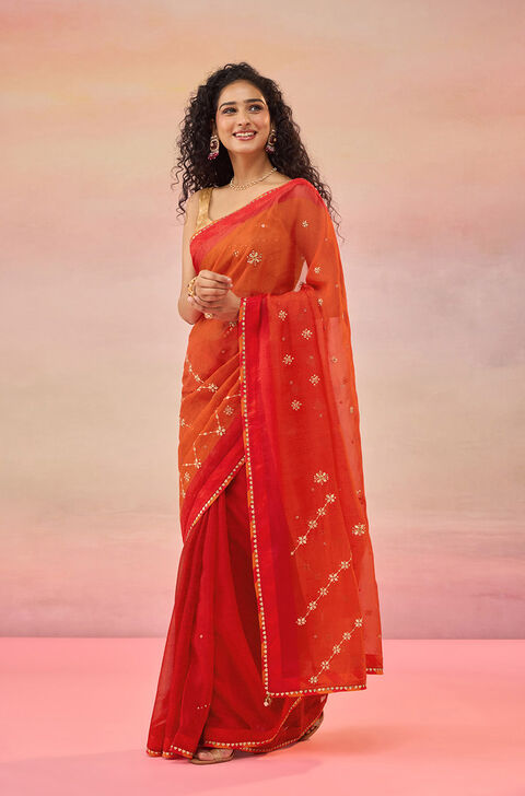 Red Viscose Organza Gota Patti Embroidered Saree