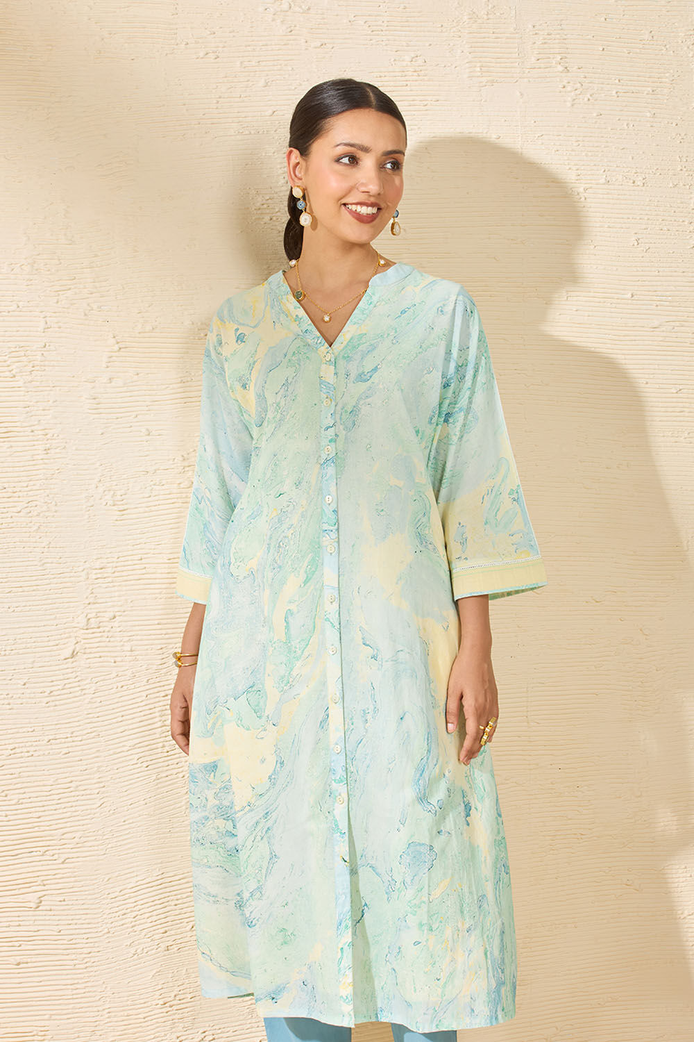 Light Blue Pure Cotton Marble Printed Kurta Set image number null
