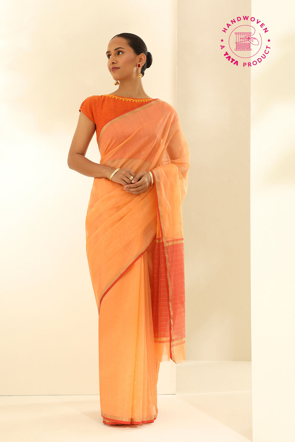 Light Orange Pure Silk Cotton Woven Chanderi Saree image number null