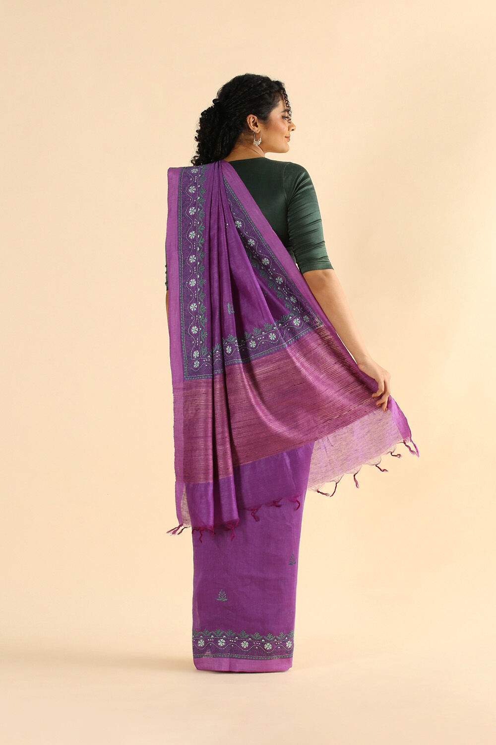 Violet Pure Silk Linen Embroidered Saree image number null