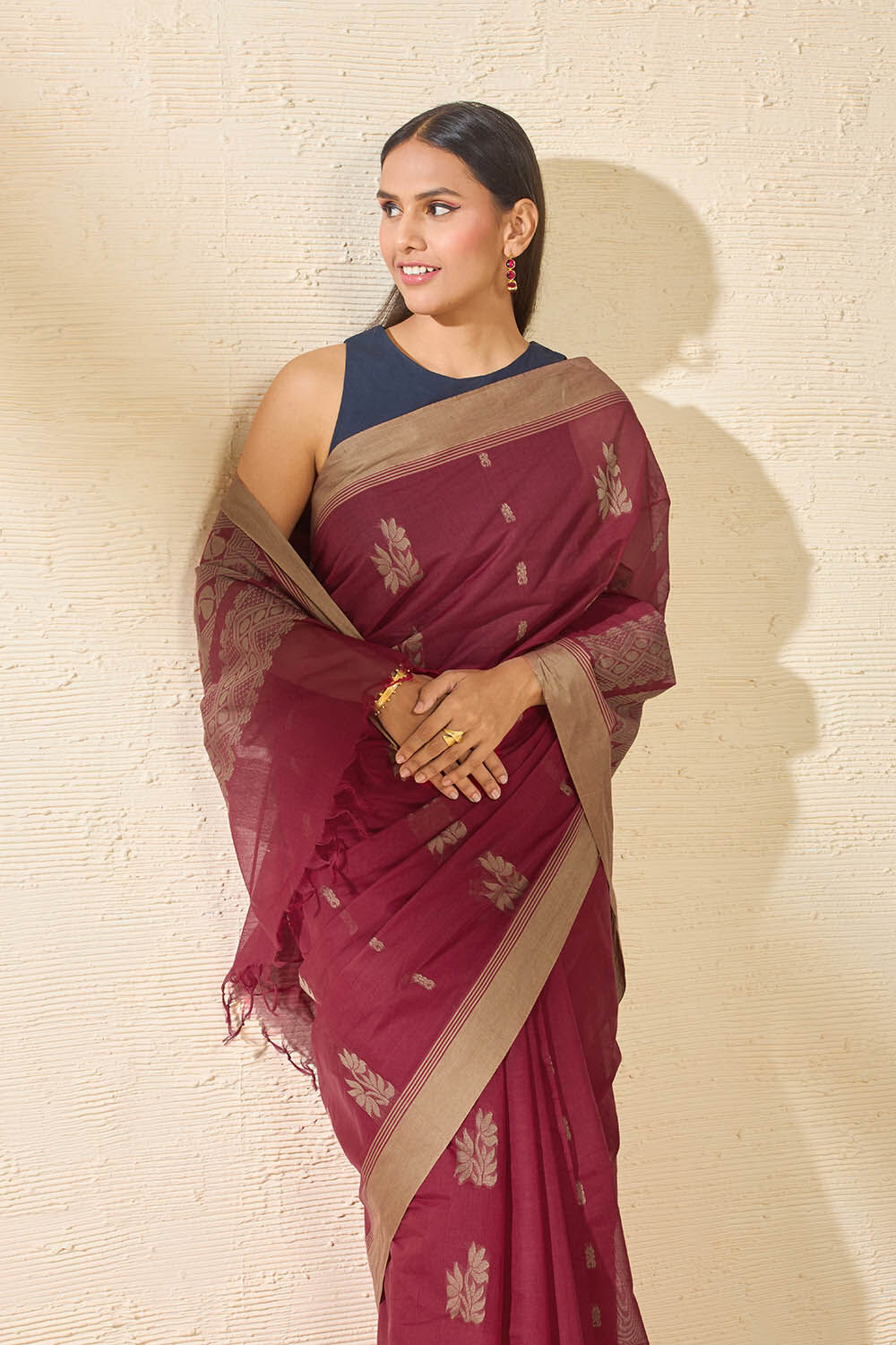Dark Red Woven South Pure Cotton Saree image number null