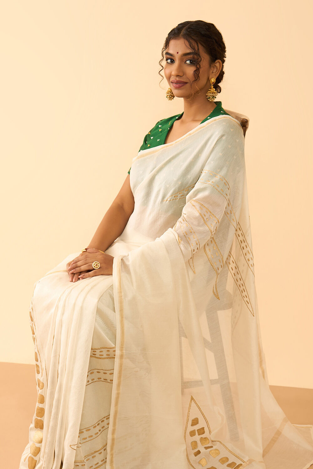 Off White Pure Silk Cotton Block Printed Embroidered Saree image number null