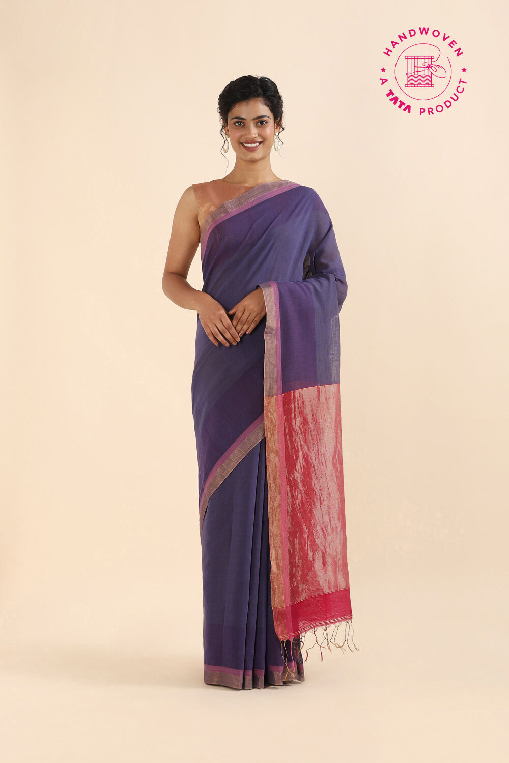 Blue Pure Silk Linen Bengal Saree image number null