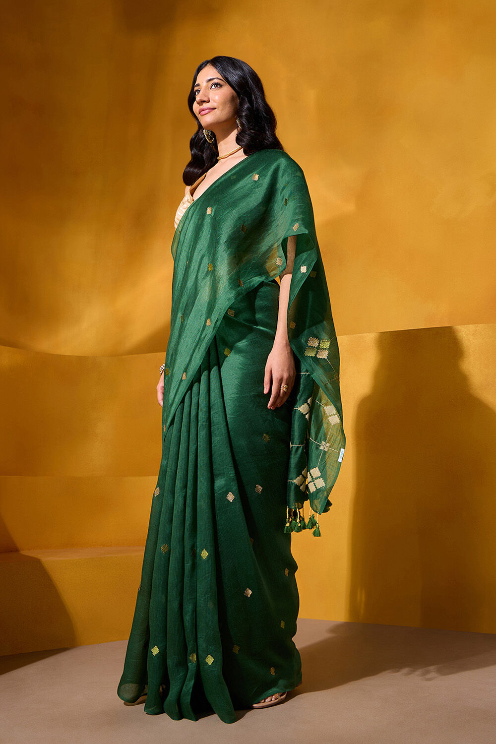 Dark Green Silk Tencel Embroidered Saree image number null