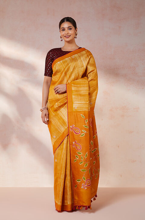 Yellow Pure Tussar Silk Batik Saree