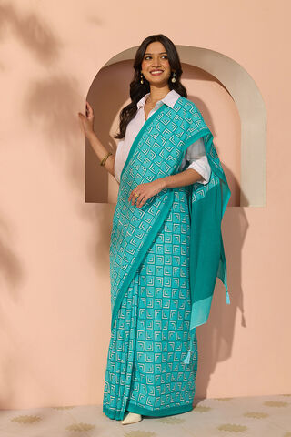 Blue Bengal Screen Printed Pure Cotton Mulmul Saree thumbnail image number null