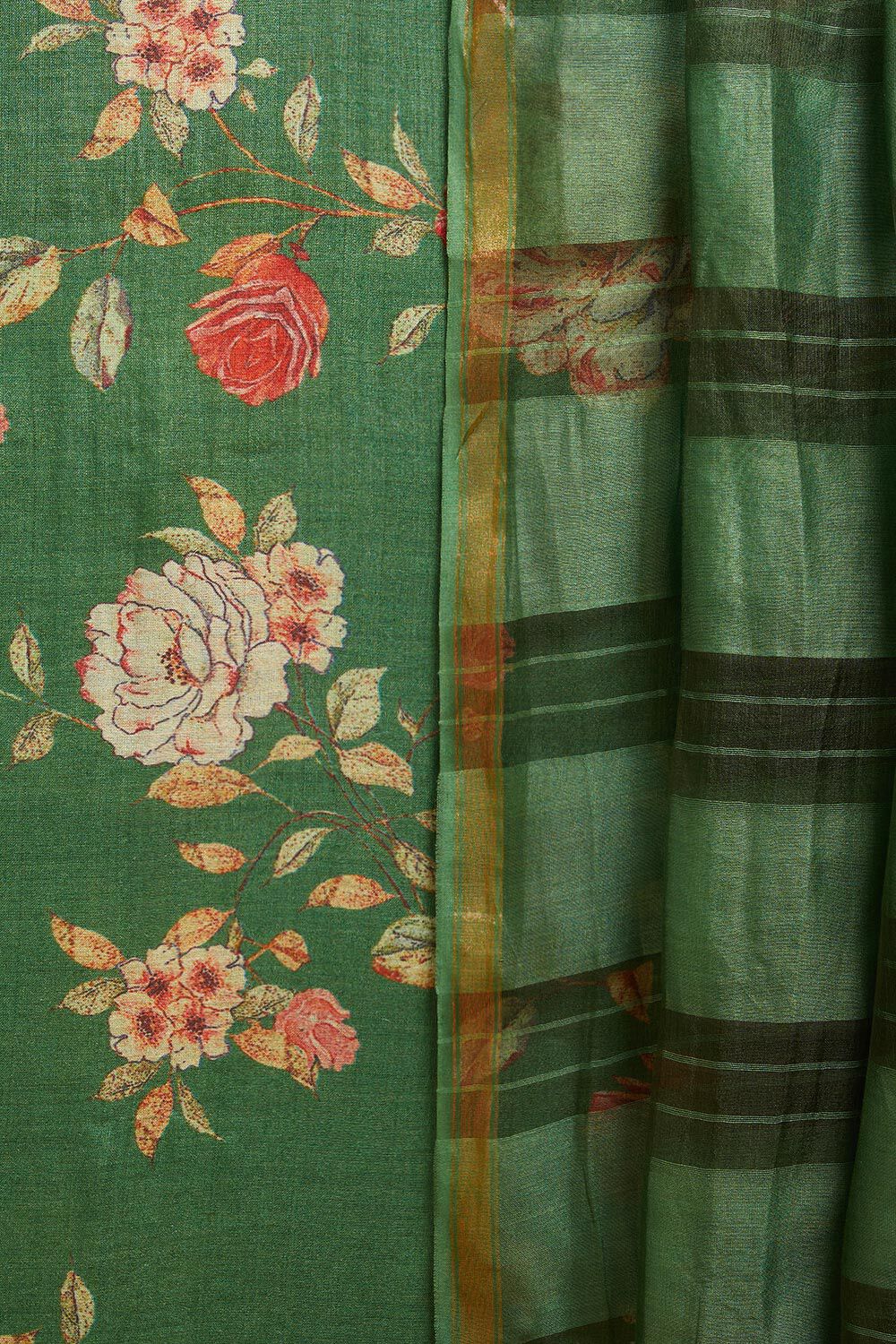 Dark Green Printed Pure Tussar Silk Unstitched Suit Set image number null