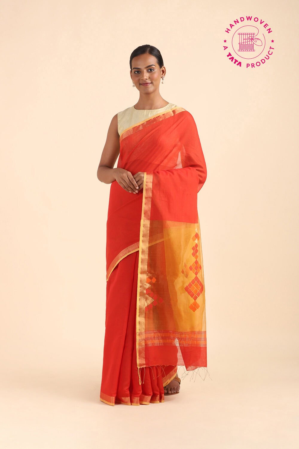Red Pure Silk Cotton Jamdani Saree image number null