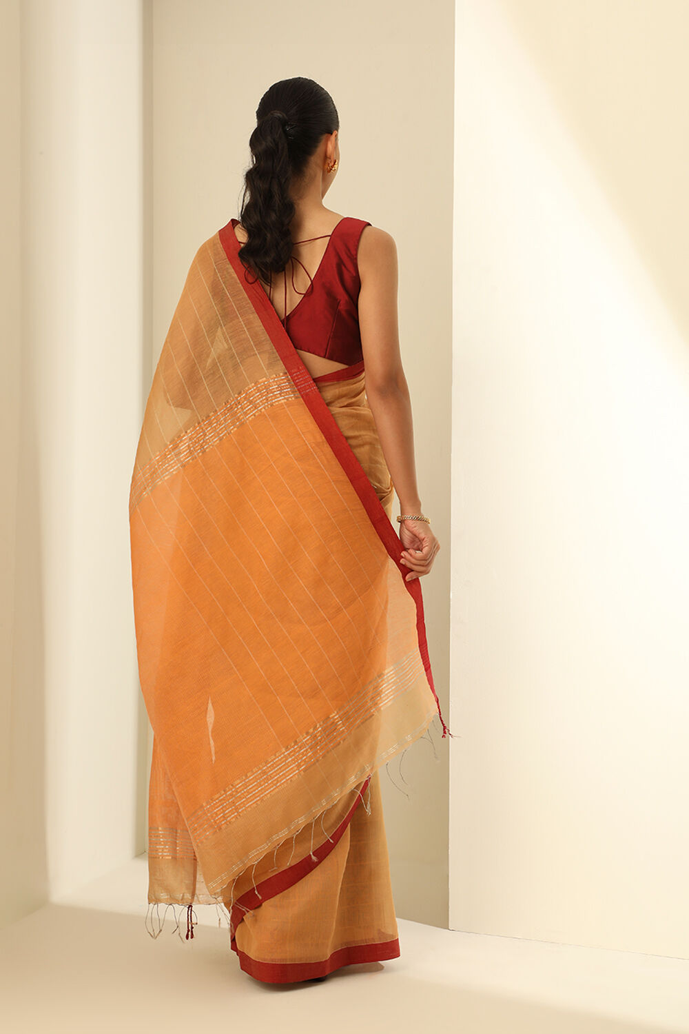 Orange Pure Silk Cotton Woven Bengali Saree image number null