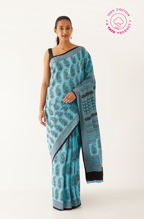 Light Blue Pure Cotton Bagh Printed Saree