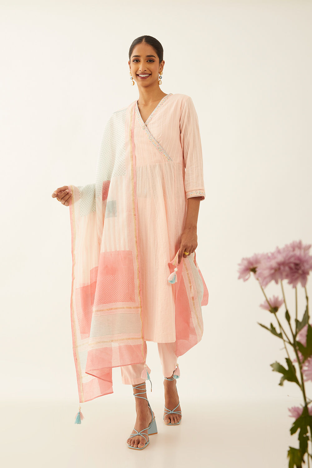 Light Pink Cotton Block Printed Kurta Set image number null