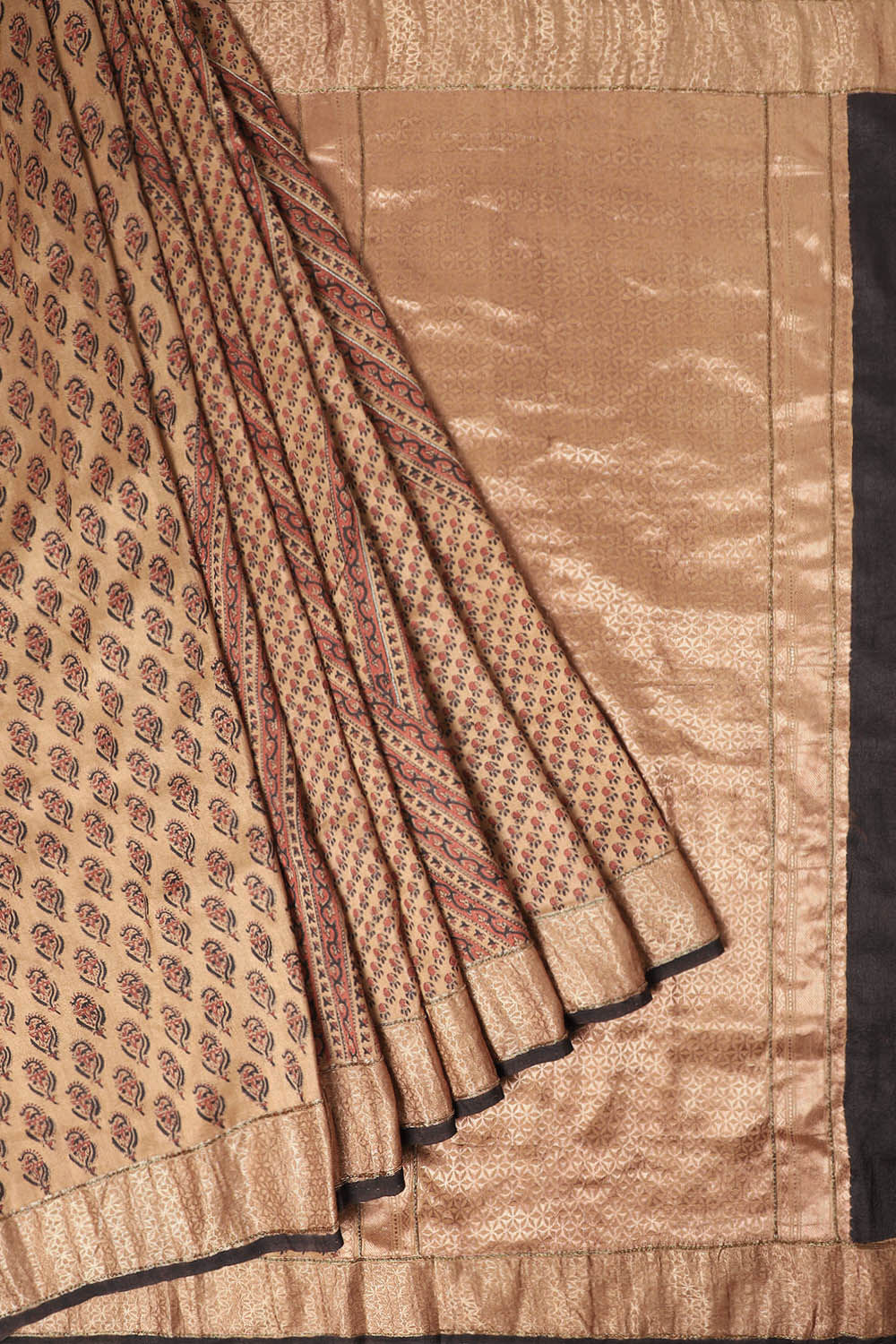 Brown Pure Silk Tussar Bagru Print and Zardosi Embroidered Saree image number null