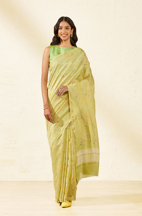 Light Green Bagru Screen Printed Pure Silk Cotton Saree