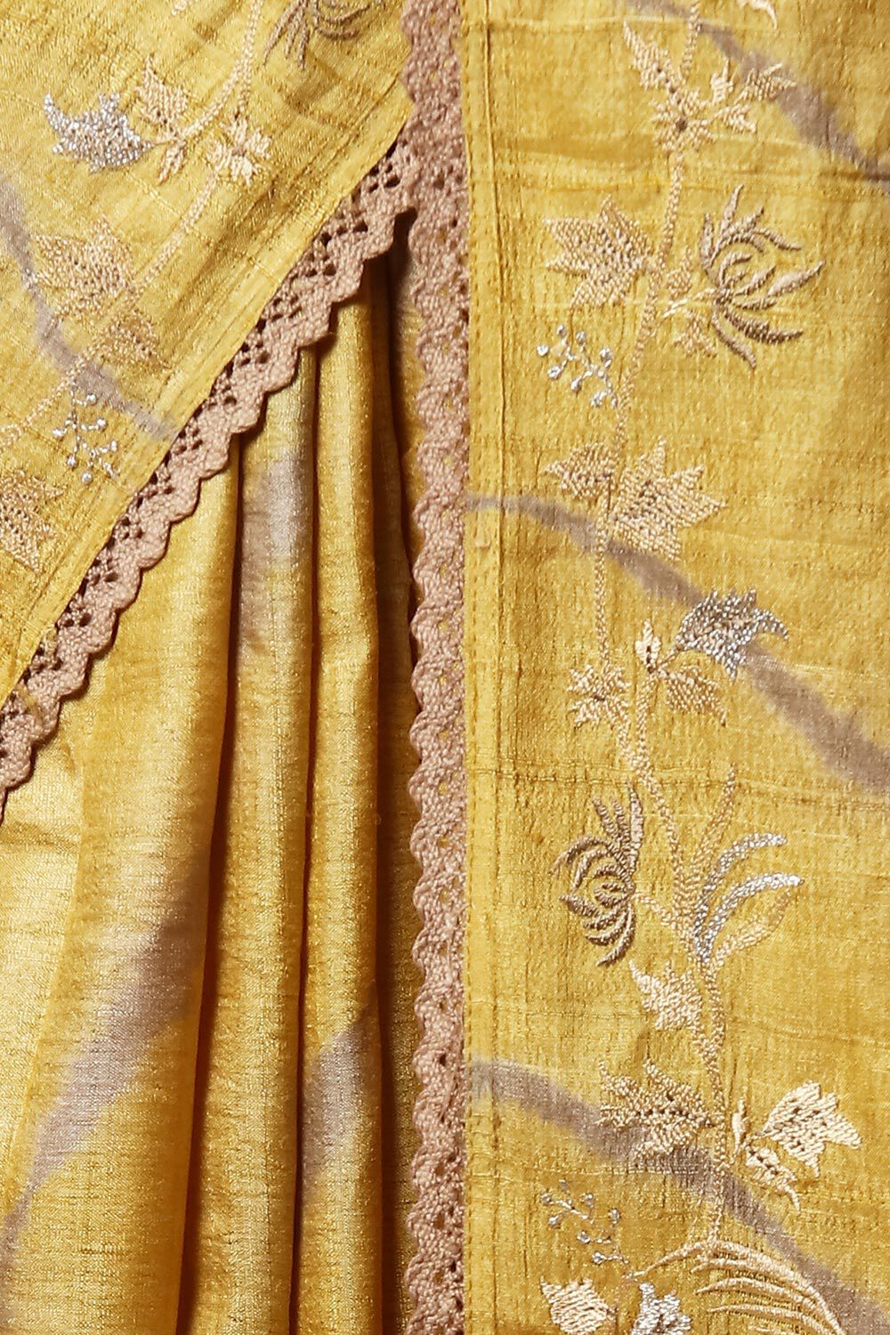 Yellow Pure Tussar Embroidered Saree image number null