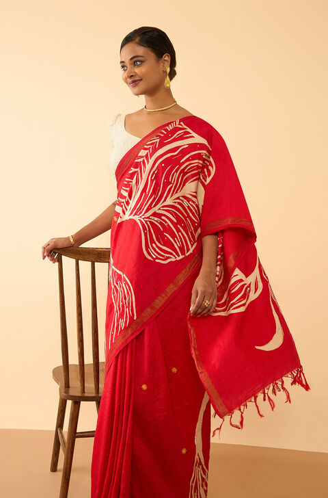 Red Pure Silk Hand Painted Saree