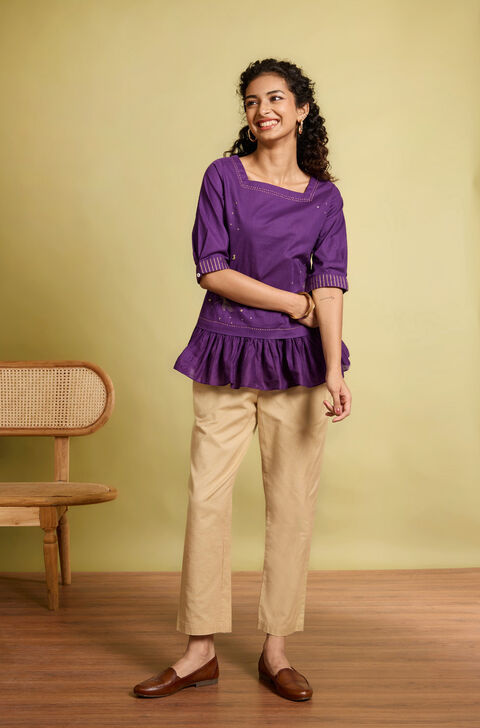Violet Screen Printed Pure Cotton Short Top