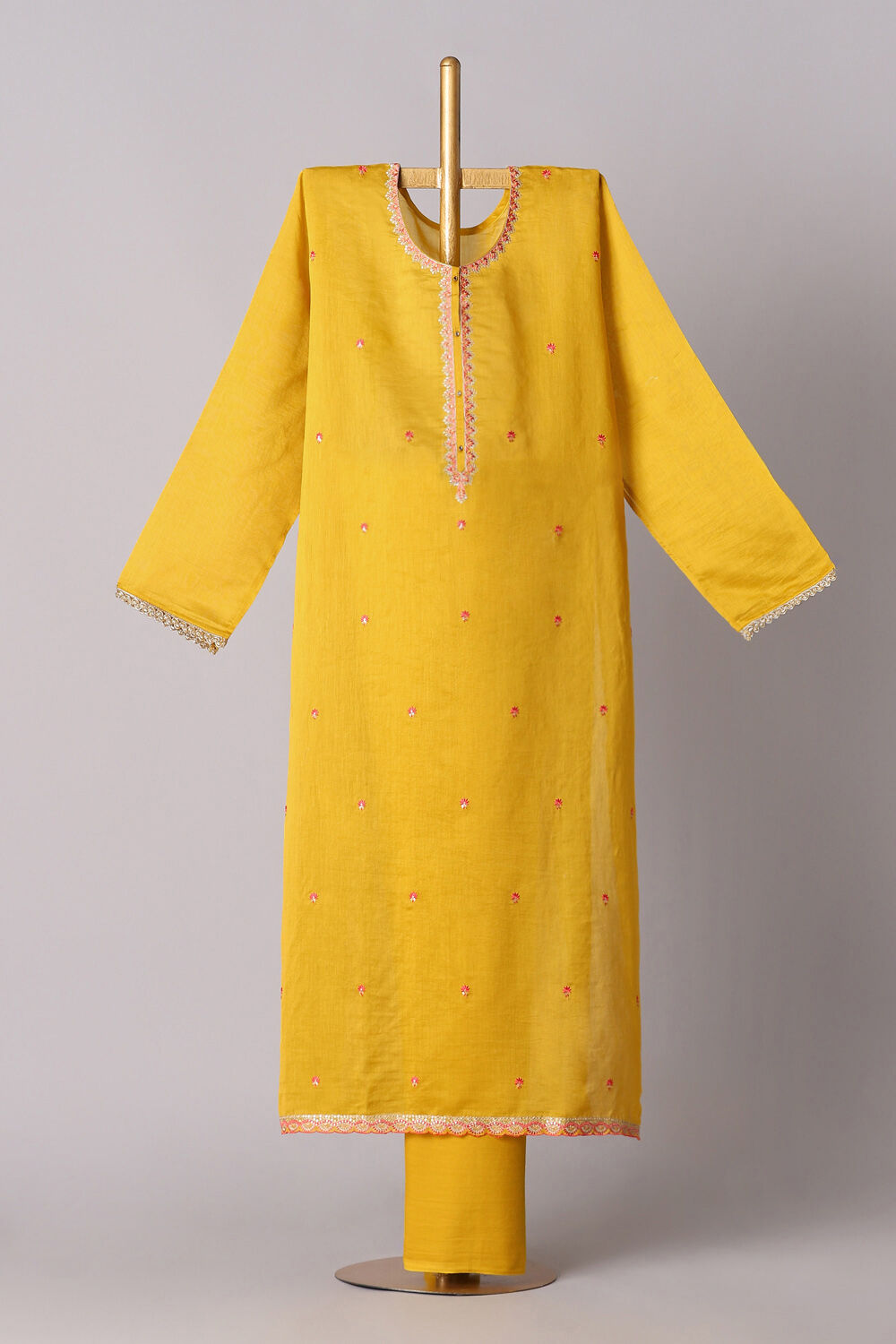 Yellow Silk Cotton Embroidered Semistitched Suit Set image number null