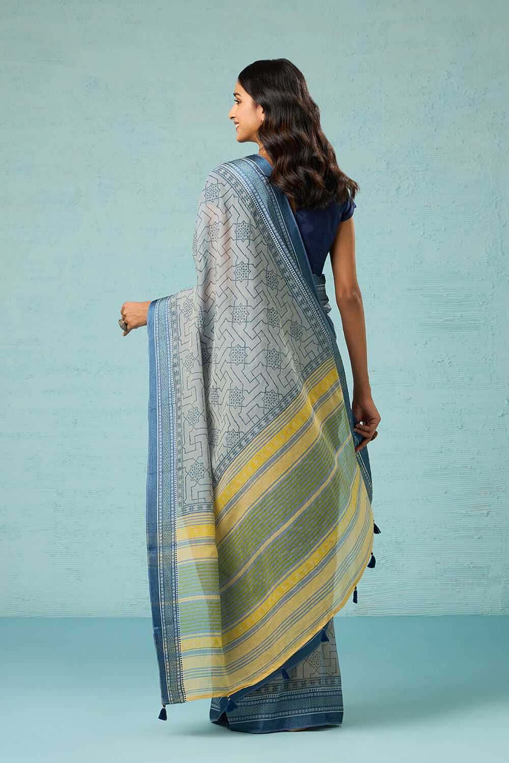 Blue Pure Cotton Block Printed Bengal Saree image number null