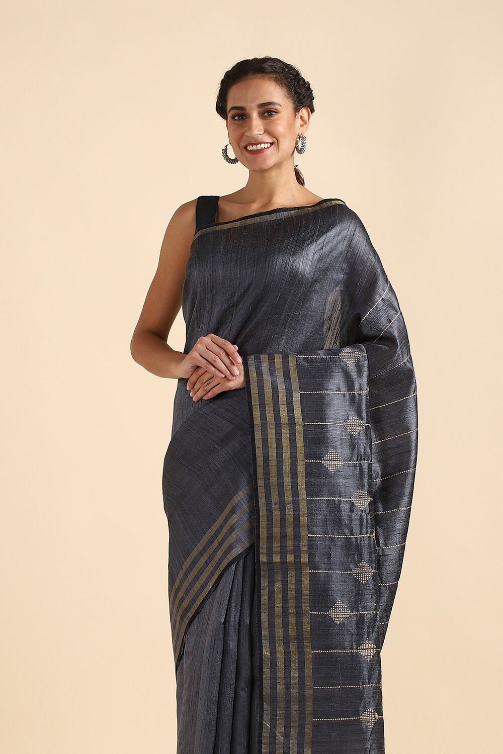 Grey Pure Tussar Silk Bhagalpuri Saree image number null
