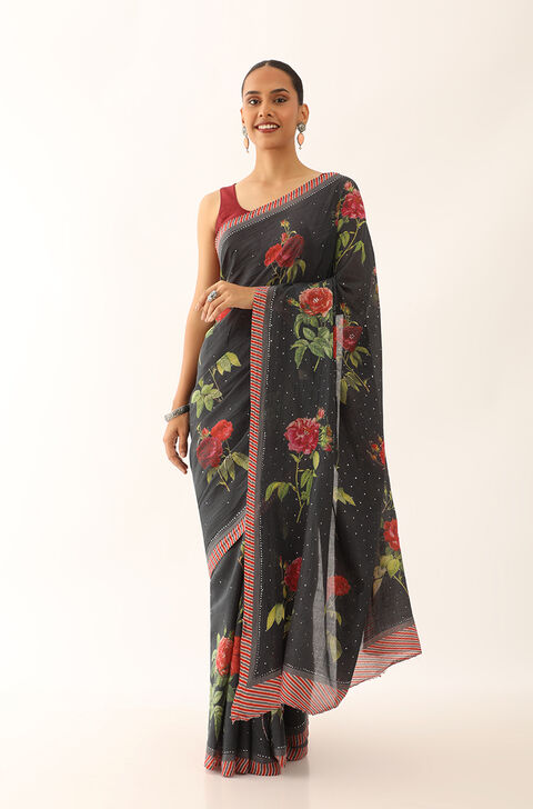 Black Bhagalpur Pure Tussar Cotton Screen Printed Saree