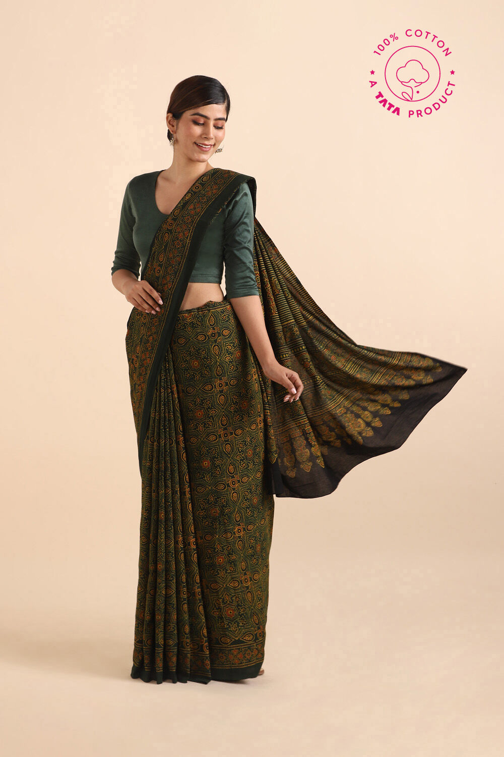 Green Pure Cotton Ajrakh Printed Saree image number null