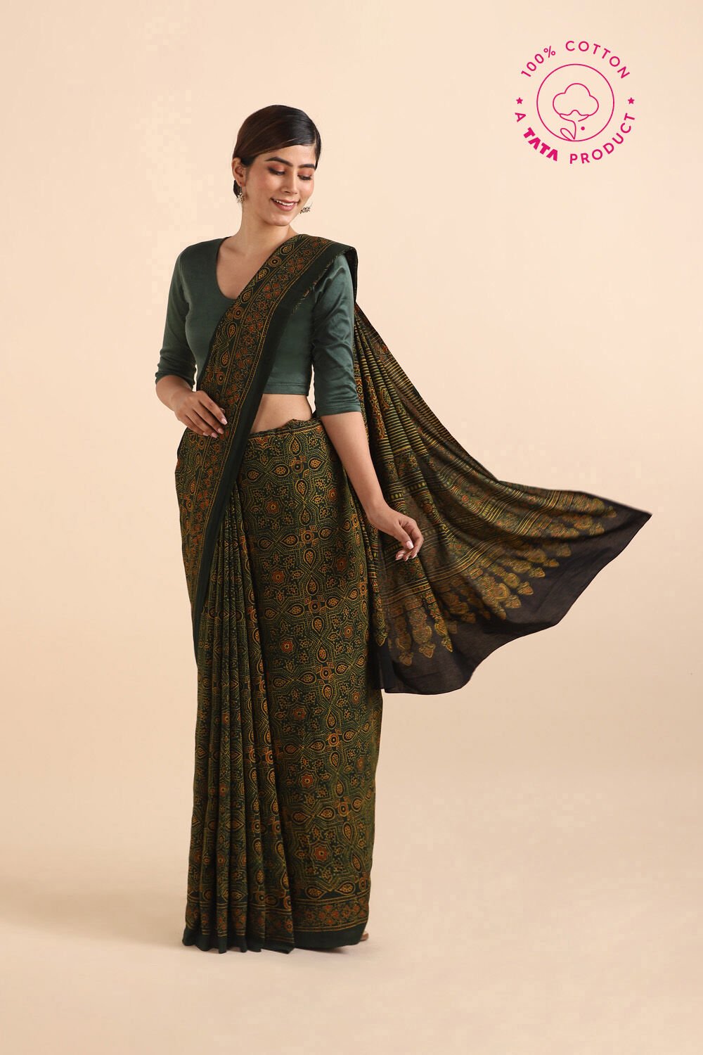 Green Pure Cotton Ajrakh Printed Saree image number null