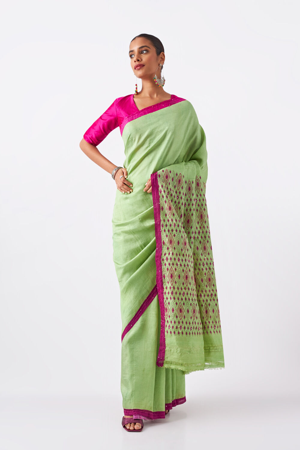 Light Green Pure Silk Hand Painted Saree image number null