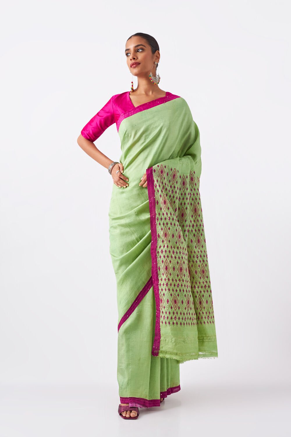 Light Green Pure Silk Hand Painted Saree image number null