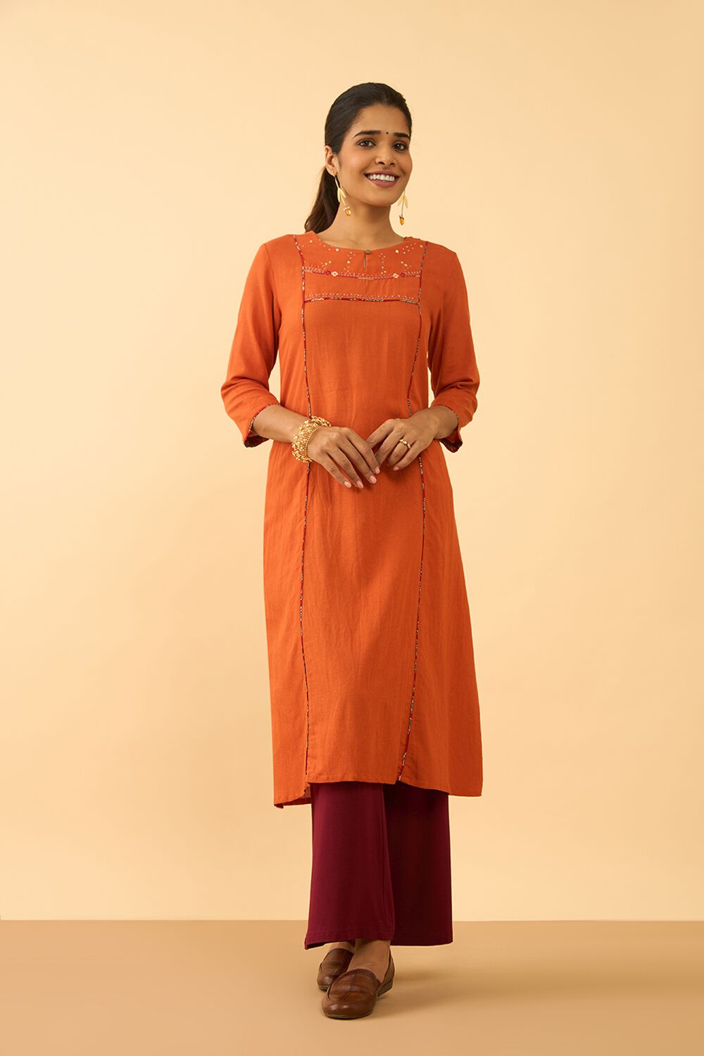 Orange Rayon Cotton Embroidered Kurta image number null