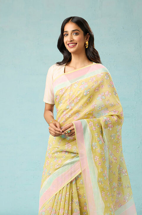 Light Green Bagru Block Printed Pure Silk Cotton Saree