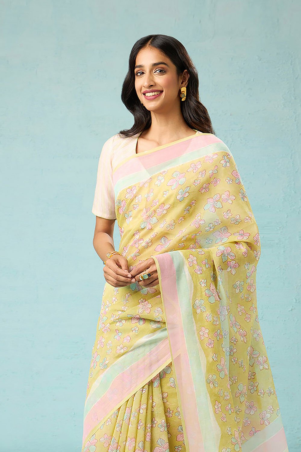 Light Green Bagru Block Printed Pure Silk Cotton Saree image number null