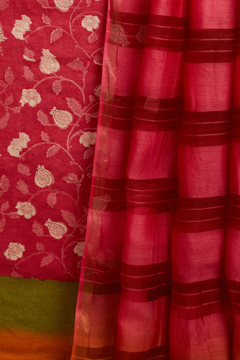 Red Block Printed Pure Tussar Silk Unstitched Suit Set image number null
