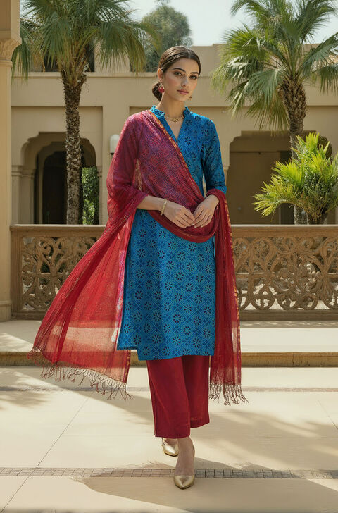 Blue Pure Cotton Screen Printed Kurta Set