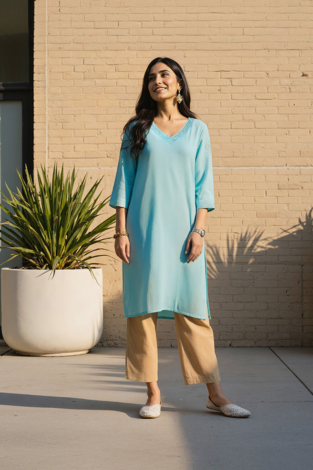 Light Blue Embroidered Pure Silk Cotton Kurta image number null
